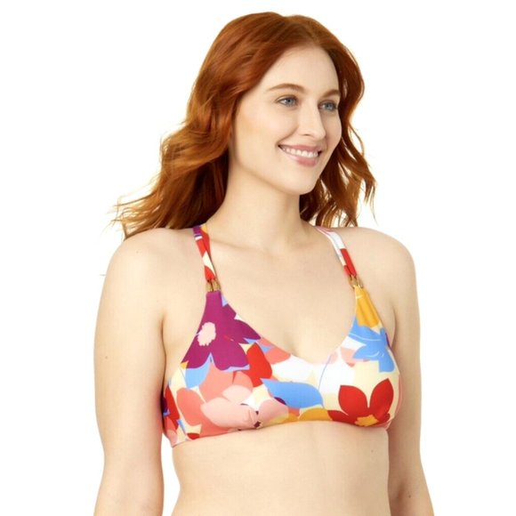TIME & TRU Large 12-14 Floral Adjustable Tie X-Back Lined Swim Bikini TOP NWT - Picture 2 of 4